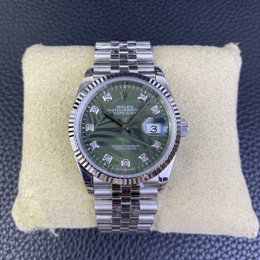 i1682349232_8605_0.jpg VS Factory Rolex Datejust 36mm Olive Green Palm Motif Diamond Dial Jubilee Bracelet (126234) 1:1 Super Clone – DD3235 Movement – Bild 1