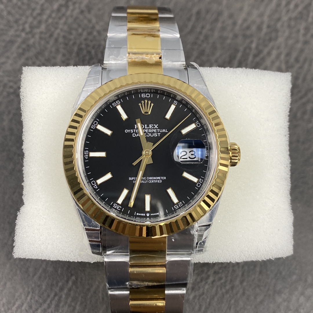VS Factory Rolex Datejust 41mm Two-Tone Yellow Gold Black Sunburst Dial Fluted Bezel Oyster Bracelet (126333) 1:1 Super Clone – DD3235 Movement