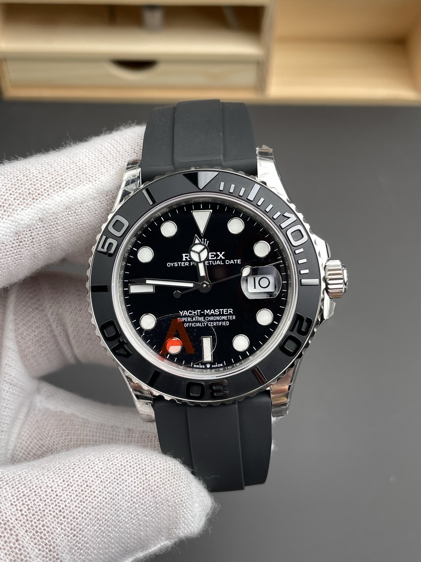 vsf-12387-f541797370-i1747852775004_8947_0_1-1 VS Factory Rolex Yacht-Master 42mm White Gold Black Dial Ceramic Bezel Oysterflex Strap (226659) 1:1 Super Clone – DD3235 Movement – Bild 1