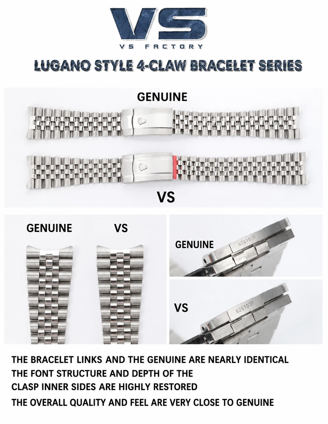 VS Factory and genuine Datejust 41 Jubilee bracelet and clasp comparison