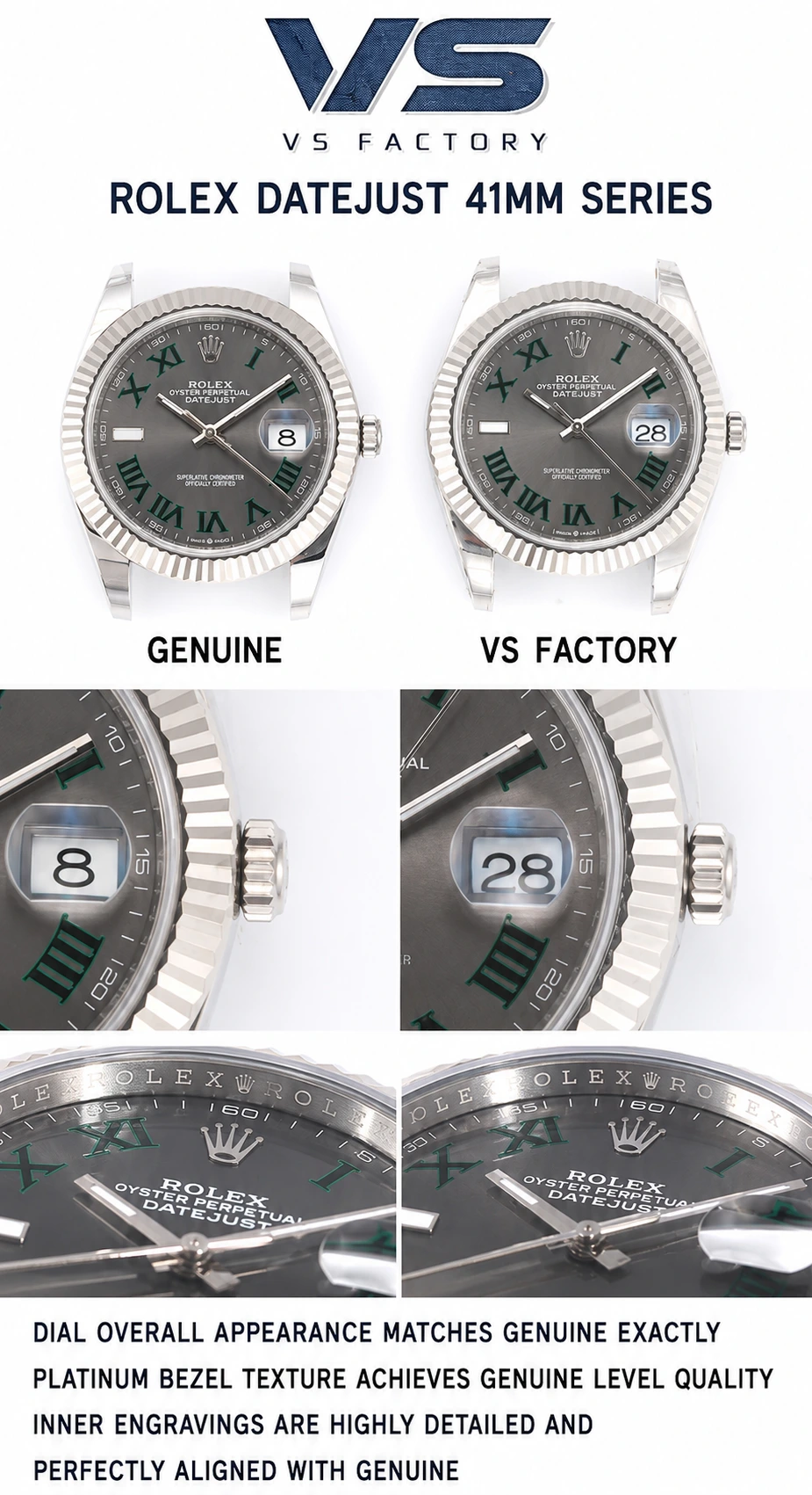 VS Factory and genuine Datejust 41 fluted bezel and rehaut comparison