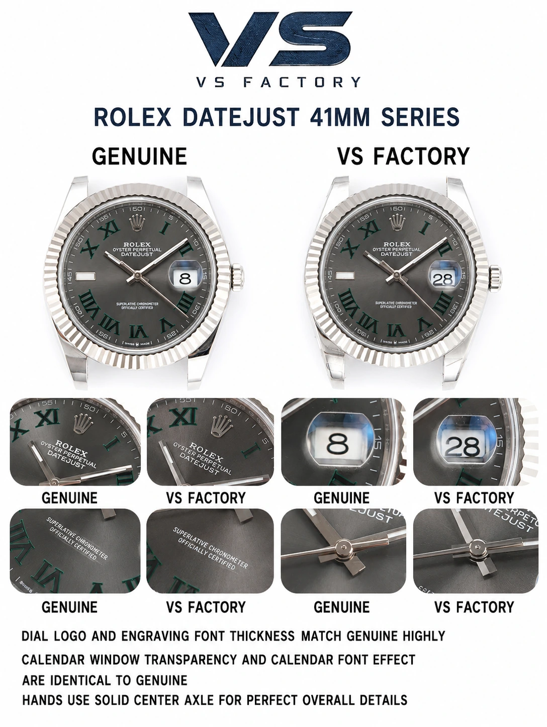 VS Factory and genuine Datejust 41 Wimbledon dial and hands comparison