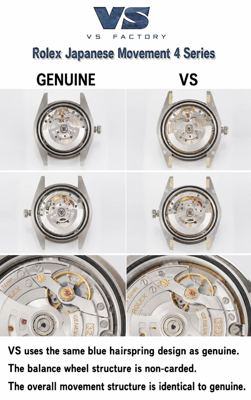VS3235 and genuine Rolex 3235 movement architecture comparison