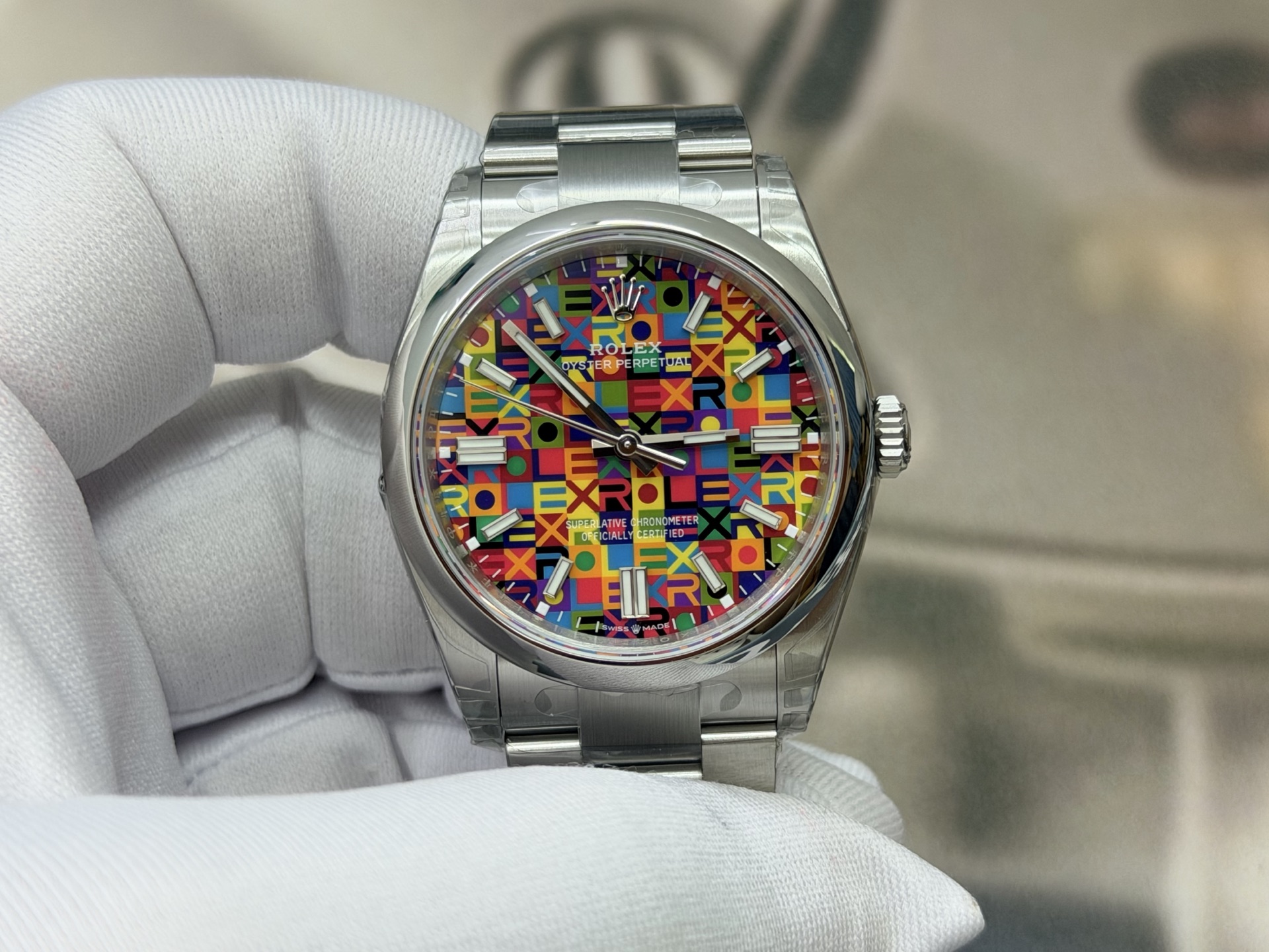 VSF Oyster Perpetual 36 multicolour Jubilee-motif dial in a straight-on QC photograph