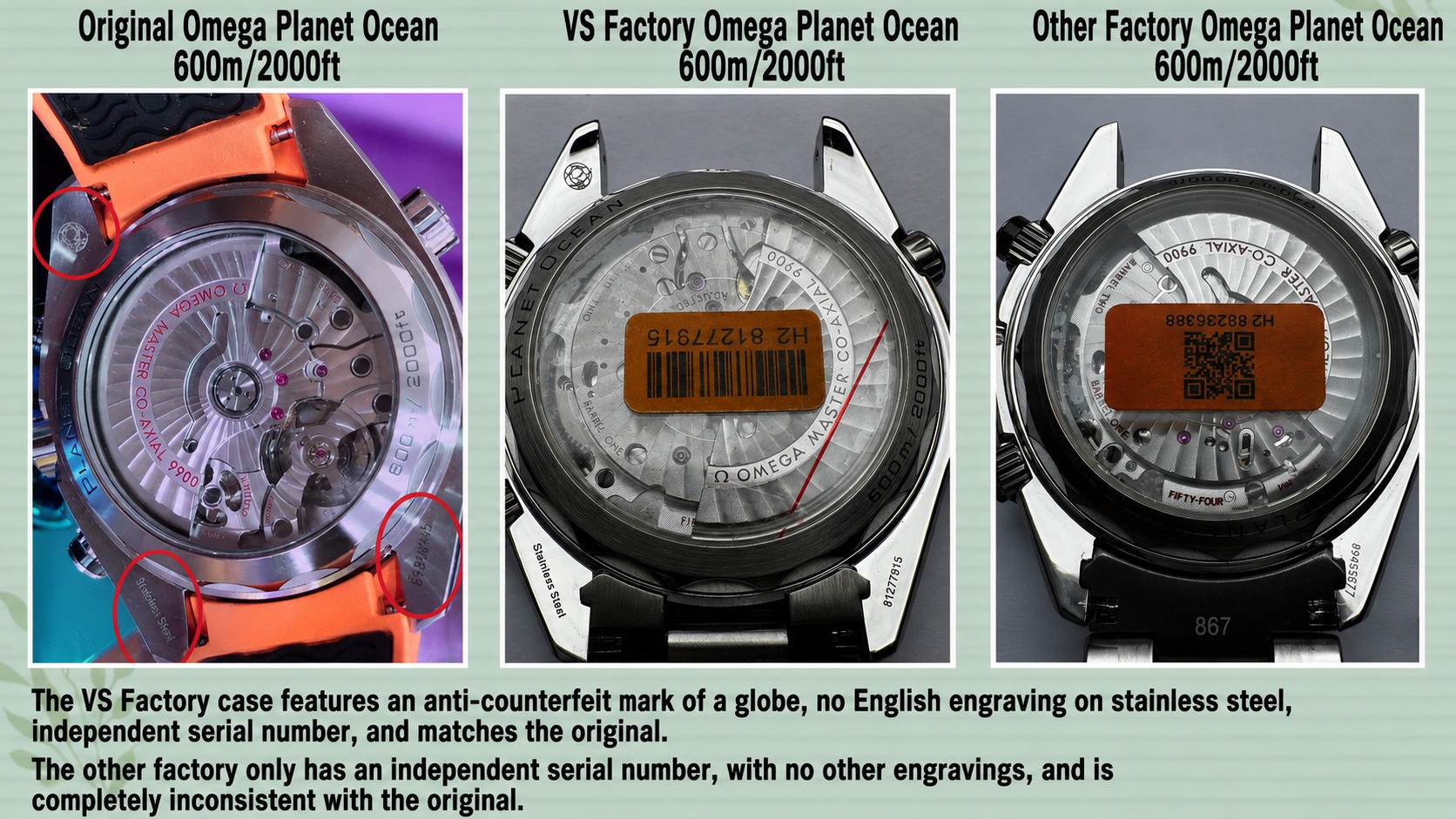 VS Factory Omega Planet Ocean 600M ceramic dial gloss and anti-reflective behavior versus a budget batch